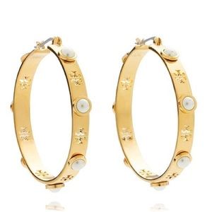 NWT Tory Burch Gold T-Pierced Logo & Pearl Hoops